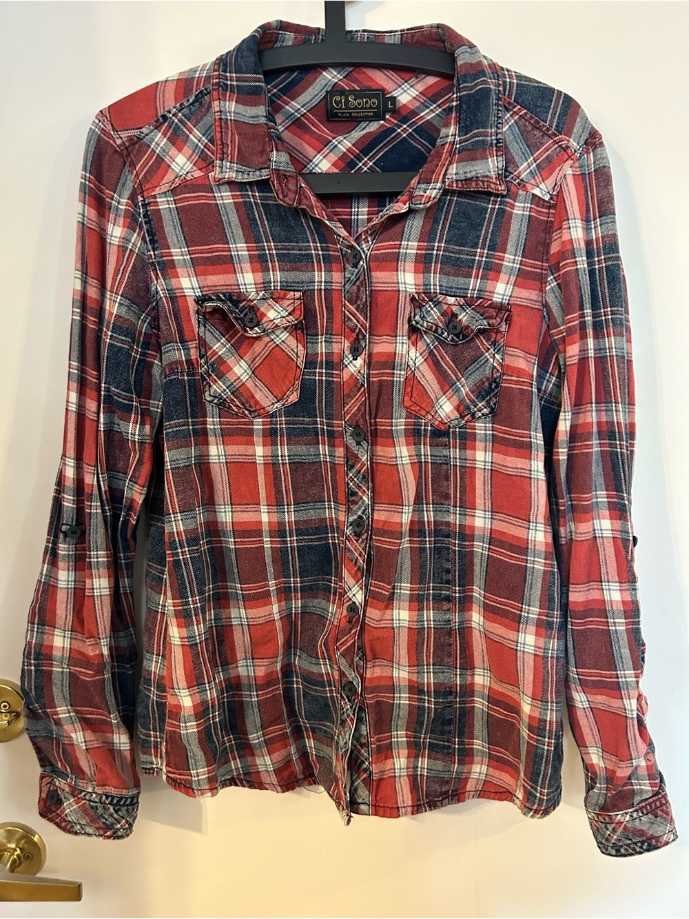 Ci Sono Plaid Collection Women’s Red, Navy & White Plaid Shirt Size L